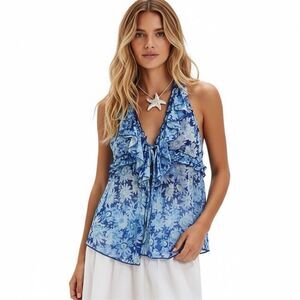 NWT Free People Fearless Knit Tank M Blue Coastal Combo Boho Ruffle Festival